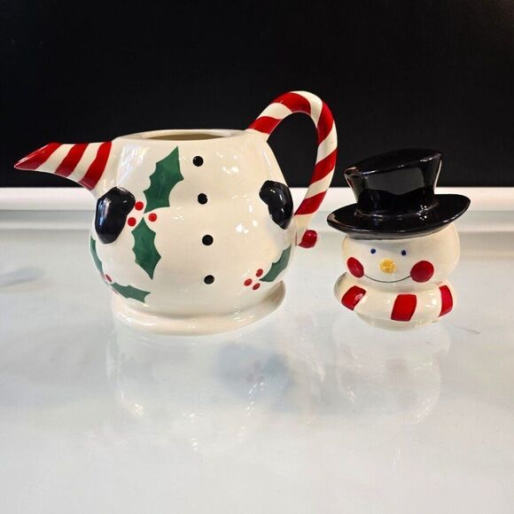 Snowman Teapot With Hat Lid Temptations Presentable Ovenware by Tara 48 oz - Picture 2 of 8